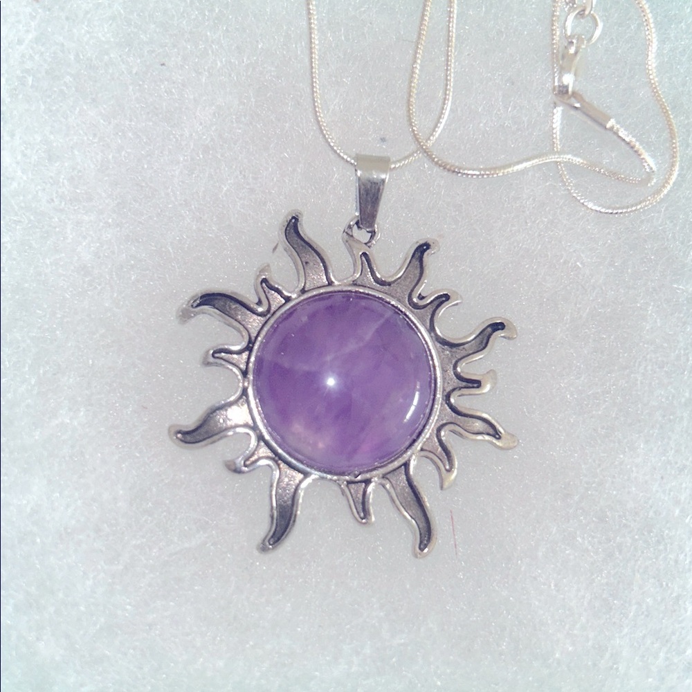 Boho hippie Amethyst Crystal Sun Sterling Silver 24” Necklace